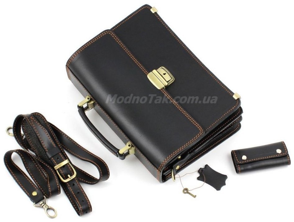 Чоловічий малий портфель чорного кольору з коричневою ниткою Старовинна Італія (10418) modnotak фото №12