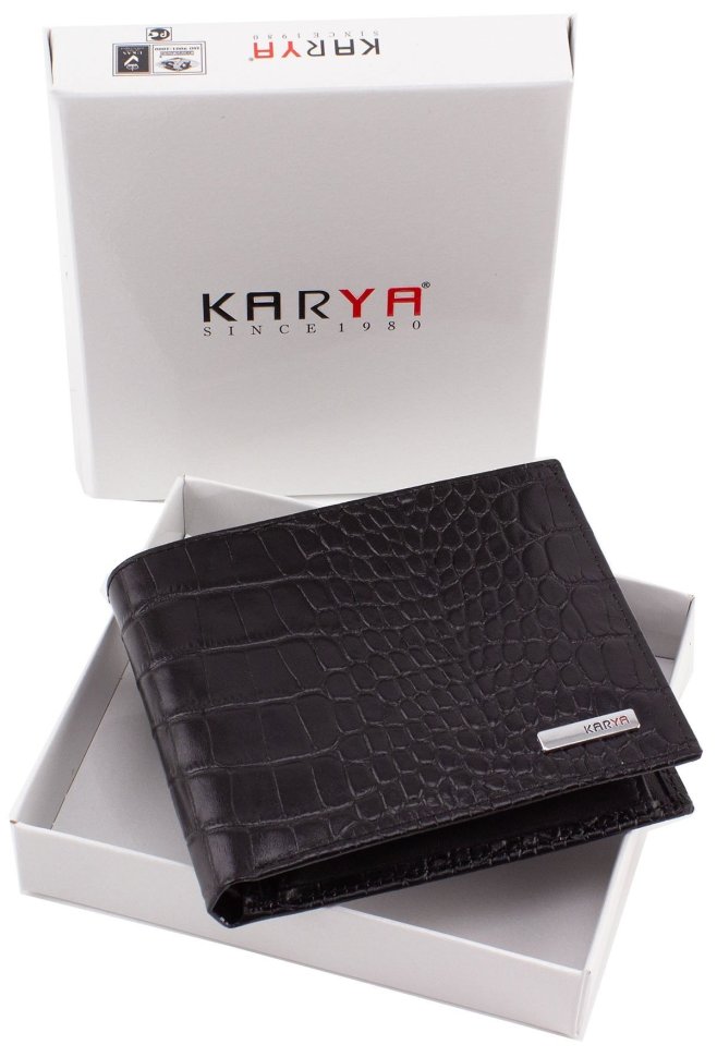 Солидное мужское портмоне из черной кожи с тиснением KARYA (0910-53)