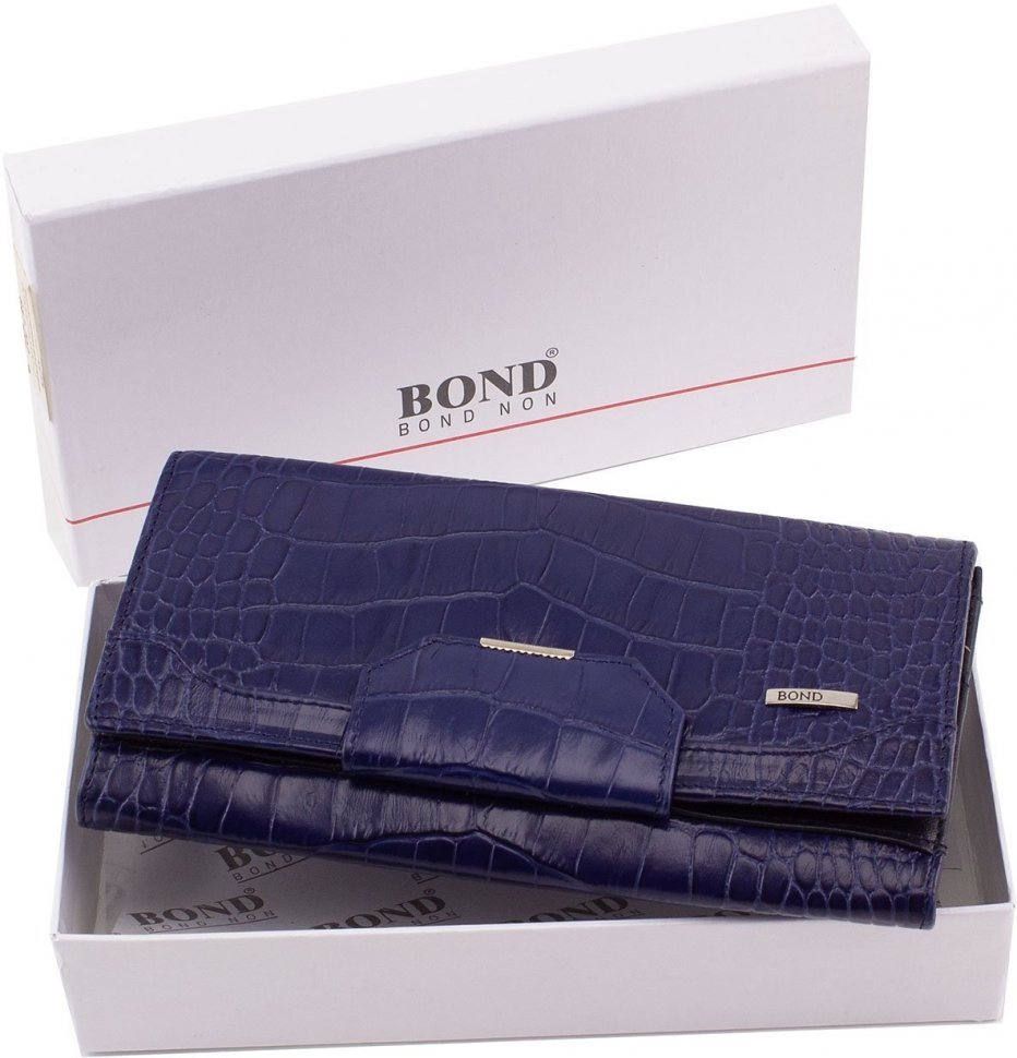 Синій гаманець з натуральної шкіри з тисненням під крокодила Bond Non (10622)