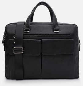 Деловой мужской портфель на каждый день из кожи флотар черного цвета Borsa Leather 104545