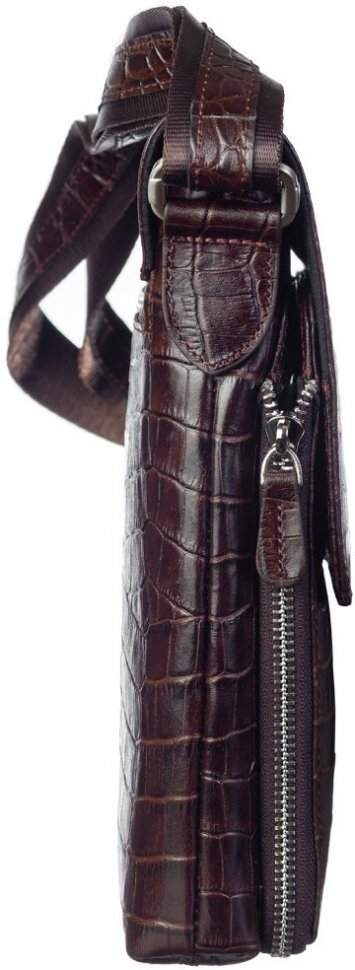 Вертикальна чоловіча сумка через плече з коричневої шкіри під крокодила DESISAN (19182)