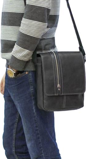 Наплечная сумка планшет из кожи Крейзи черного цвета VATTO (11986) - 2