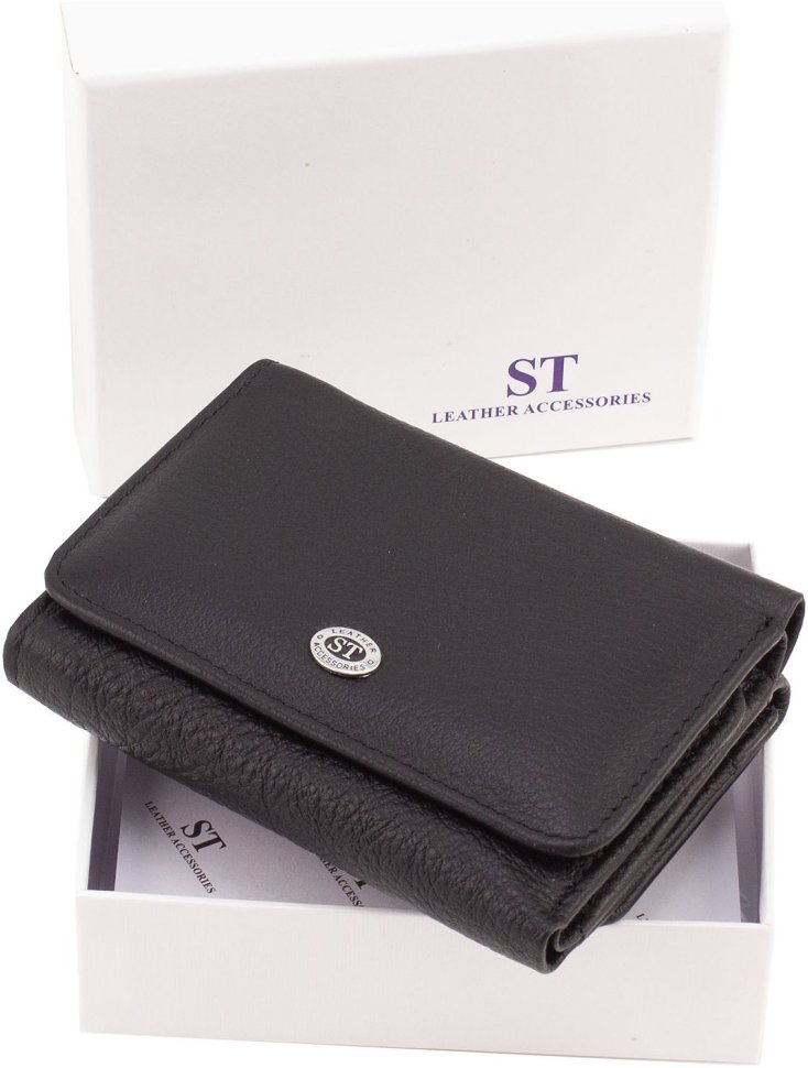 Компактный женский кошелек из натуральной кожи черного цвета ST Leather 1767245