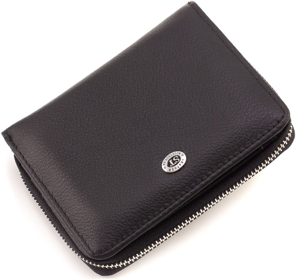 Кожаный женский кошелек черного цвета с вместительной монетницей ST Leather 1767345