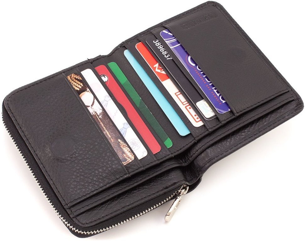 Шкіряний жіночий гаманець чорного кольору з місткою монетницею ST Leather 1767345