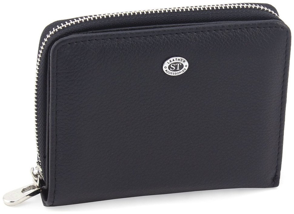 Шкіряний жіночий гаманець чорного кольору з місткою монетницею ST Leather 1767345