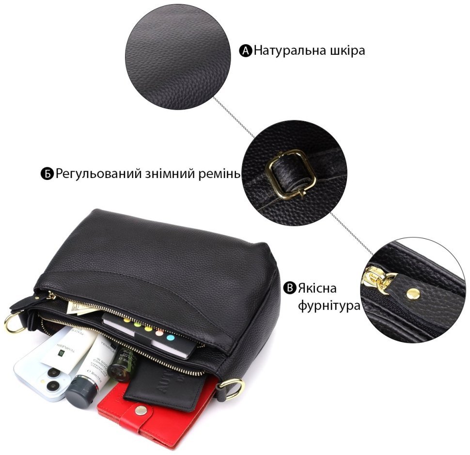 Женская сумка из натуральной фактурной кожи через плечо на каждый день Vintage 98145 черного цвета modnotak фото №4