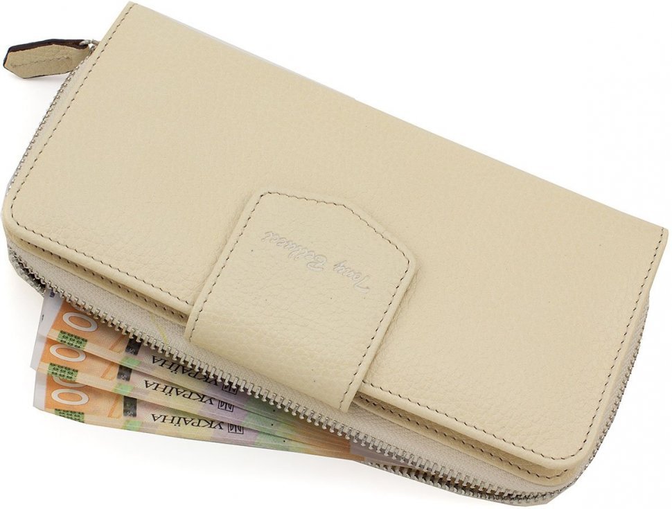 Великий жіночий гаманець з натуральної шкіри світло-бежевого кольору Tony Bellucci (10849)