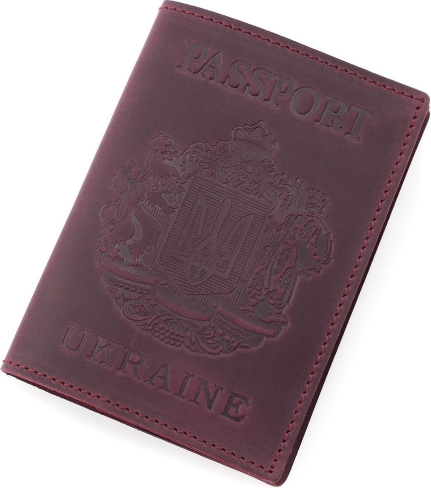 Кожаная обложка для паспорта в марсаловом цвете с гербом Украины - BlankNote (50246)