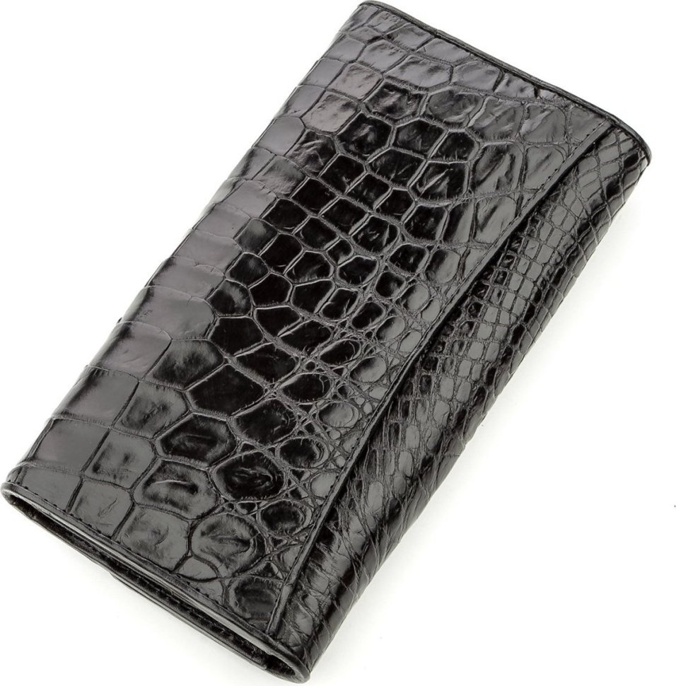 Глянцевий гаманець-клатч чорного кольору з фактупной шкіри крокодила CROCODILE LEATHER (024-18572)