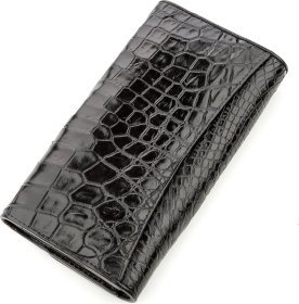 Глянцевый кошелек-клатч черного цвета из фактупной кожи крокодила CROCODILE LEATHER (024-18572)