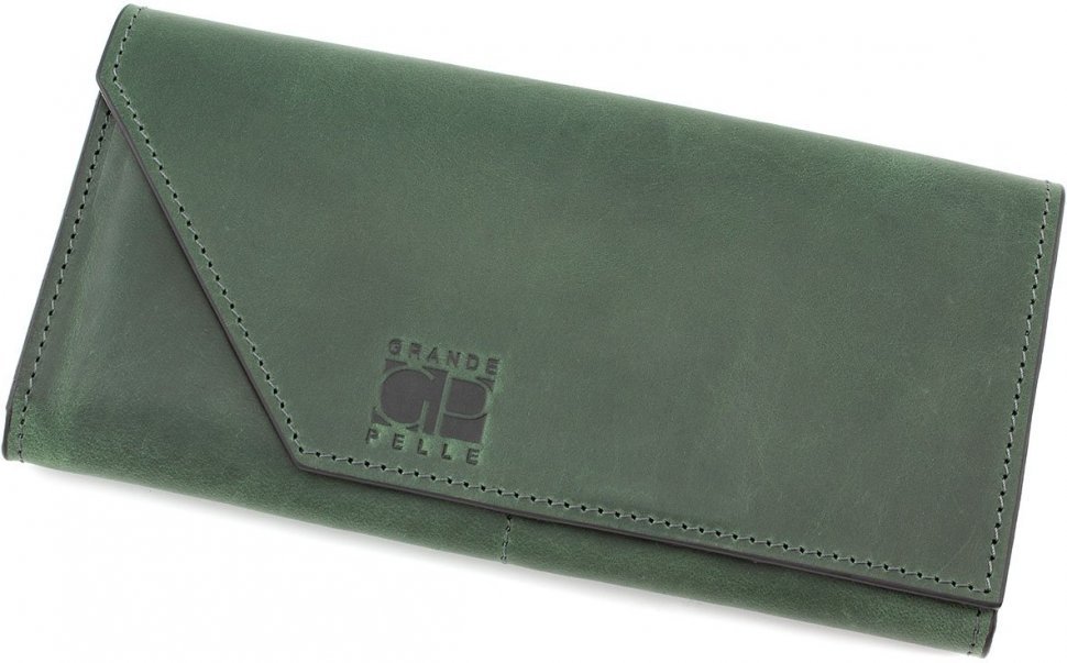 Шкіряний гаманець темно-зеленого кольору з клапаном на магніті Grande Pelle (13308)