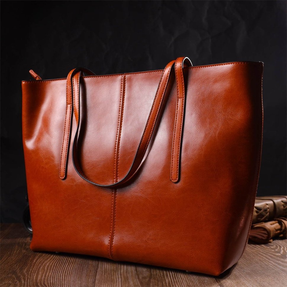 Стильная женская сумка-шоппер из натуральной кожи рыжего цвета Vintage (2422096)