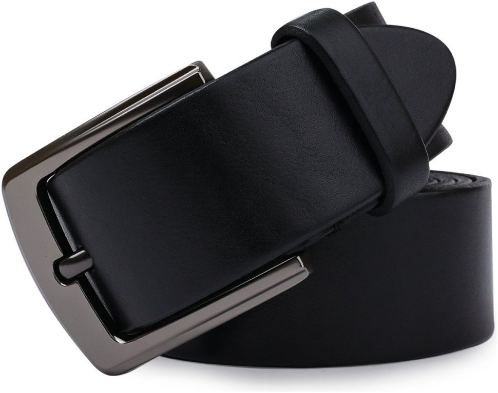 Универсальный кожаный мужской ремень черного цвета с сатиновой пряжкой Vintage 2420747
