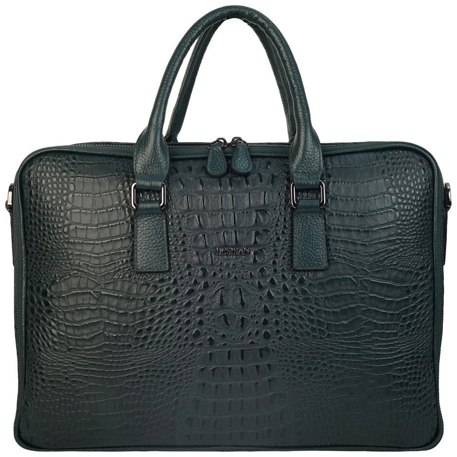 Женский деловой портфель из натуральной кожи под фактуру кроко Desisan 106646 зеленого цвета modnotak фото №1
