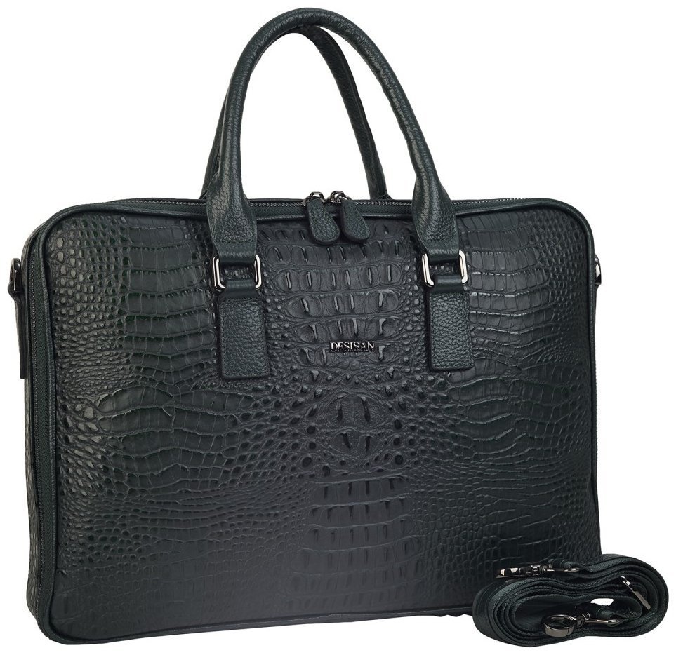 Женский деловой портфель из натуральной кожи под фактуру кроко Desisan 106646 зеленого цвета modnotak фото №3