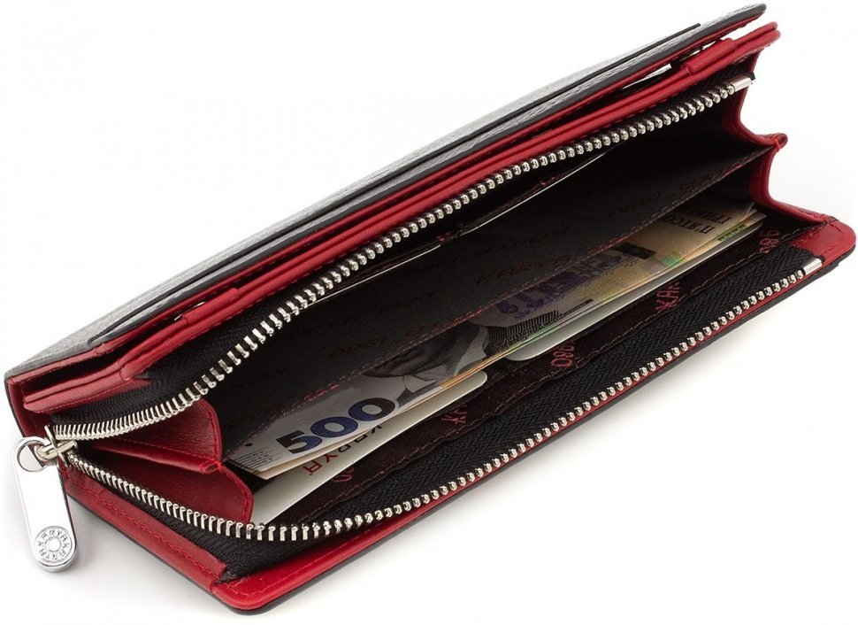 Чорно-червоний шкіряний жіночий гаманець великого розміру з відсіком під карти та документи KARYA (19534)