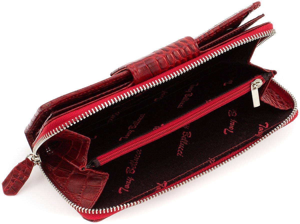 Великий червоний жіночий гаманець з натуральної шкіри з фактурою крокодила Tony Bellucci (10856)