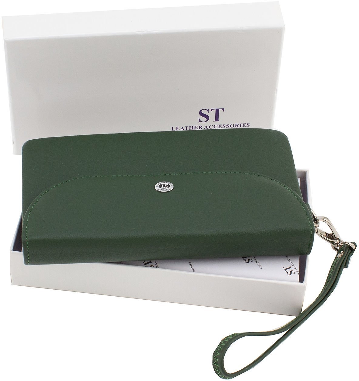 Шкіряний гаманець-клатч зеленого кольору з ремінцем на зап'ясті ST Leather (14032)