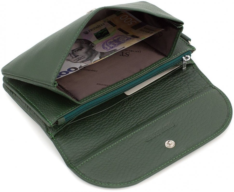 Кожаный кошелек-клатч зеленого цвета с ремешком на запястье ST Leather (14032)
