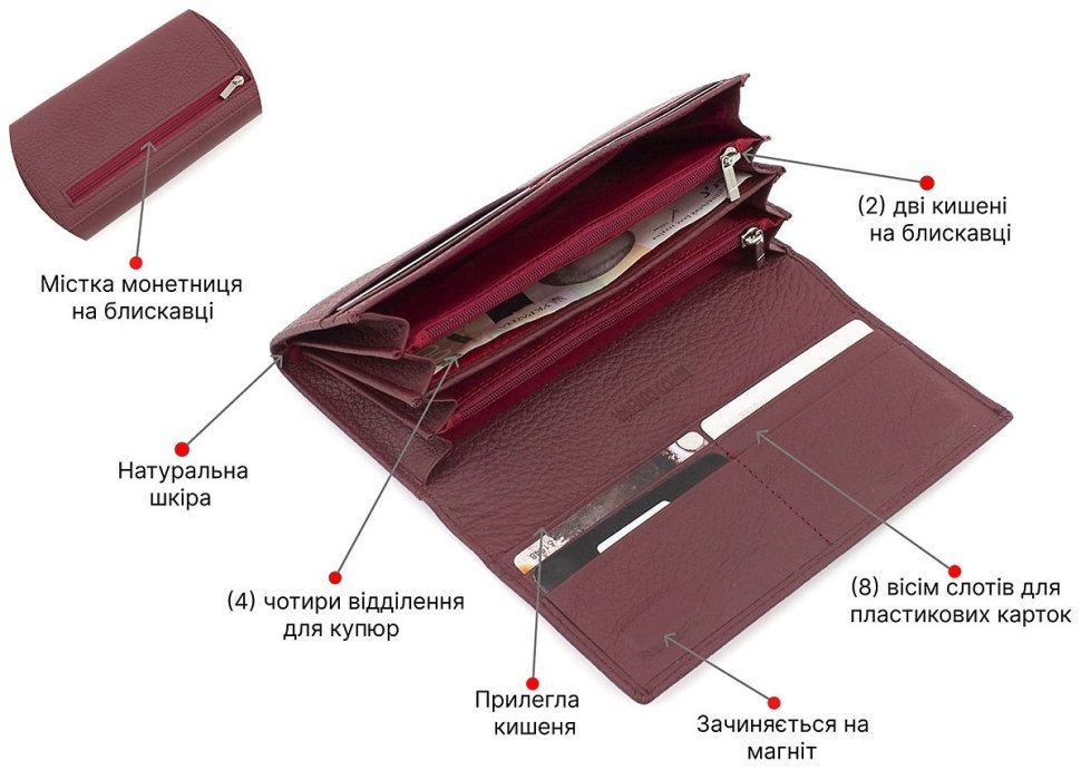 Бордовий жіночий гаманець з натуральної шкіри з крупно-вираженою фактурою Marco Coverna (17035) modnotak фото №4