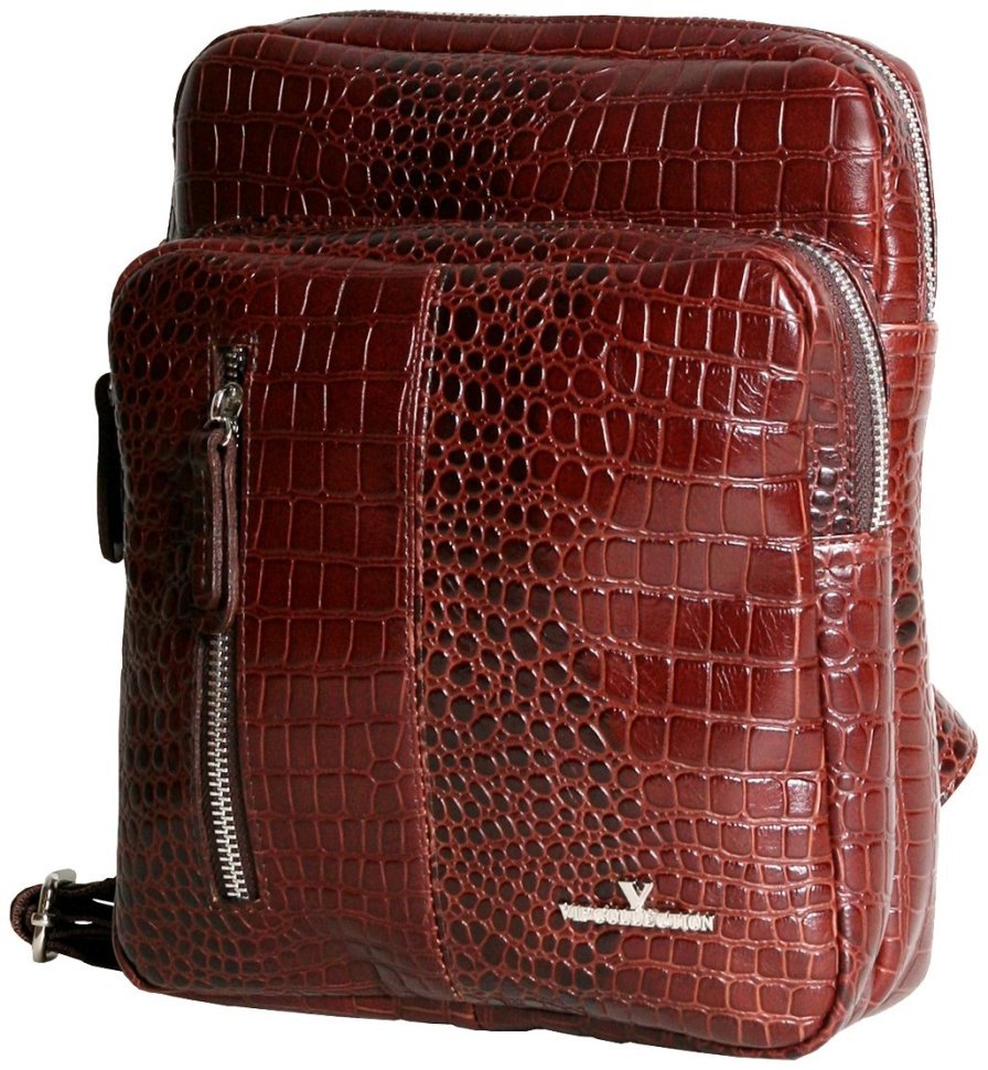Чоловіча сумка-слінг із натуральної шкіри під крокодила коричневого кольору Vip Collection 102647 modnotak фото №1