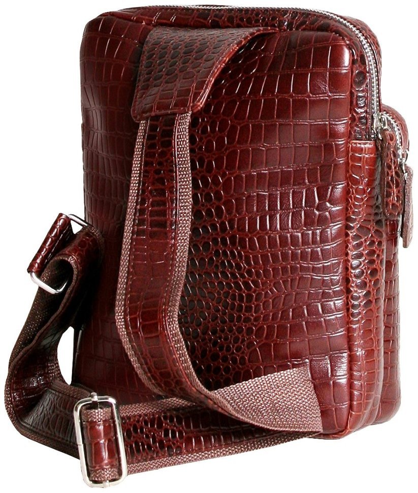 Чоловіча сумка-слінг із натуральної шкіри під крокодила коричневого кольору Vip Collection 102647 modnotak фото №2