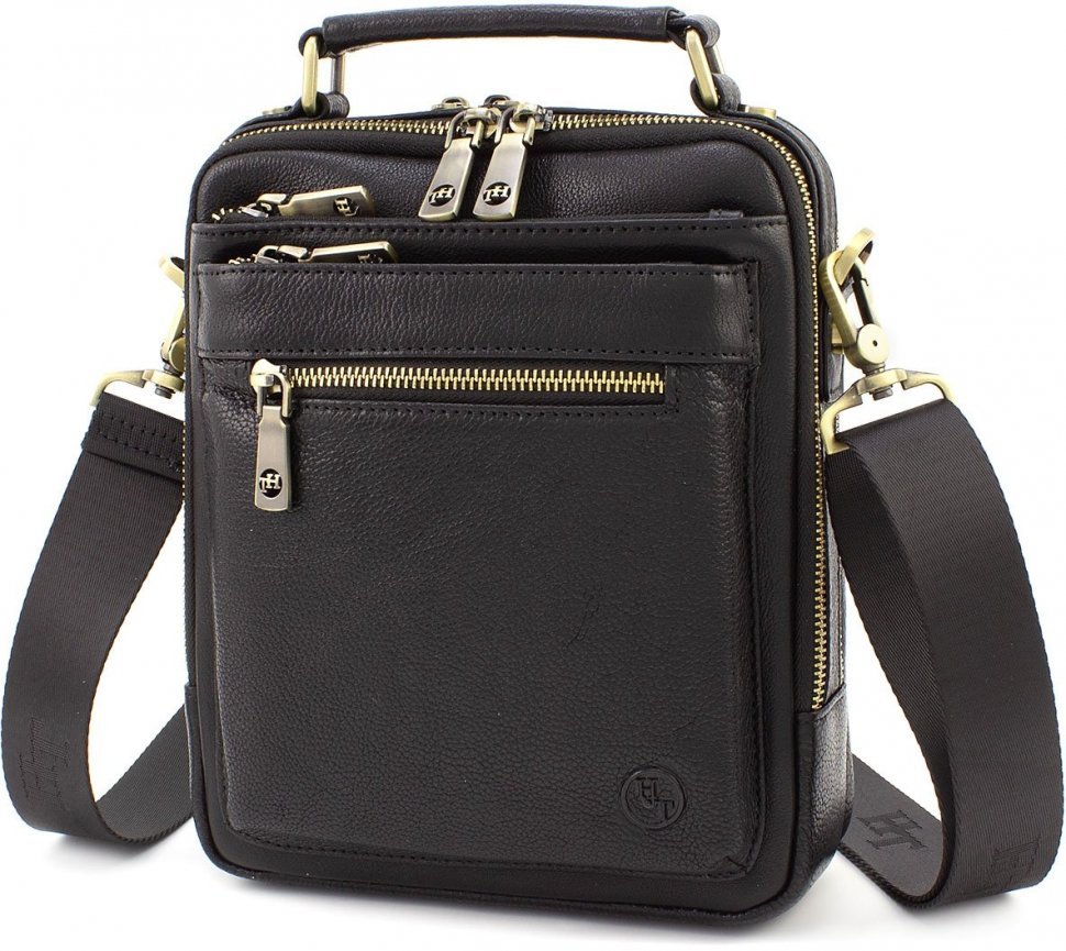 Чоловіча сумка-барсетка із натуральної чорної шкіри шкіри із золотистою фурнітурою – H.T Leather (10227)