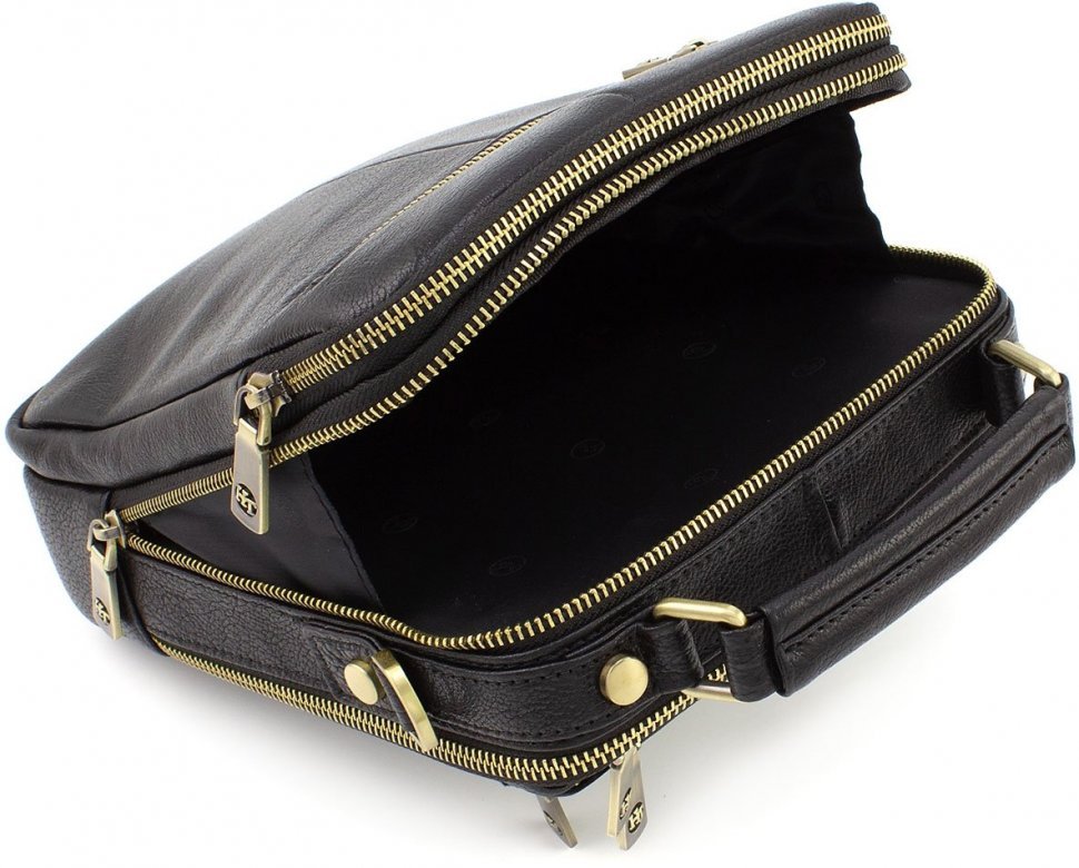 Чоловіча сумка-барсетка із натуральної чорної шкіри шкіри із золотистою фурнітурою – H.T Leather (10227)