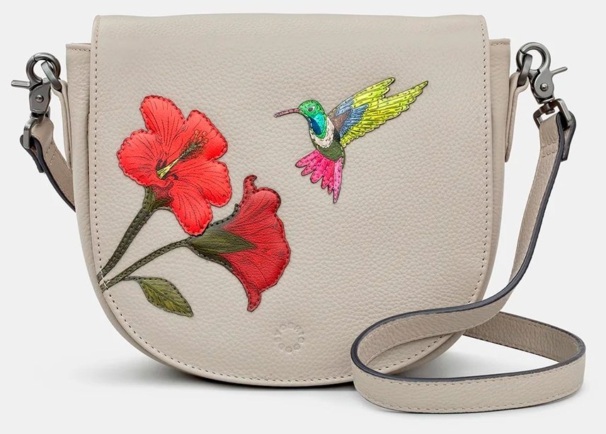 Женская кожаная сумка кросс-боди светло-серого цвета с вышивкой "цветы и птичка колибри" Yoshi (Великобритания) 94447 modnotak фото №1