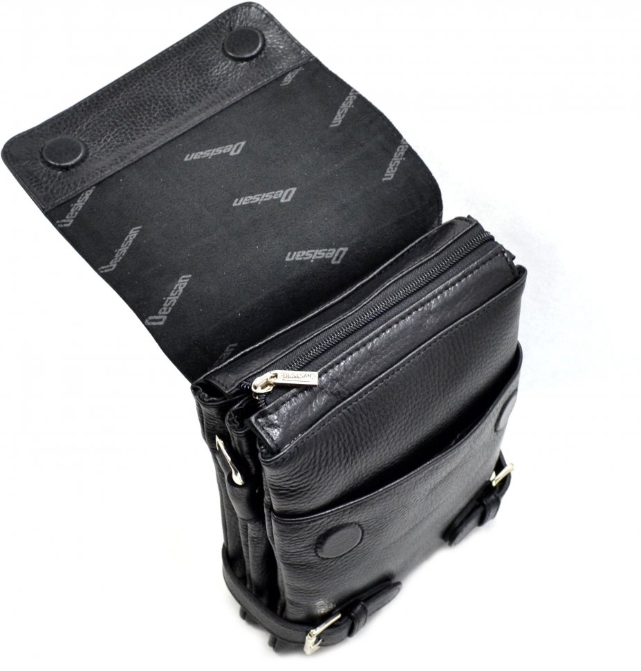 Черная мужская сумка-барсетка из кожи флотар с декоративными пряжками DESISAN (19184)