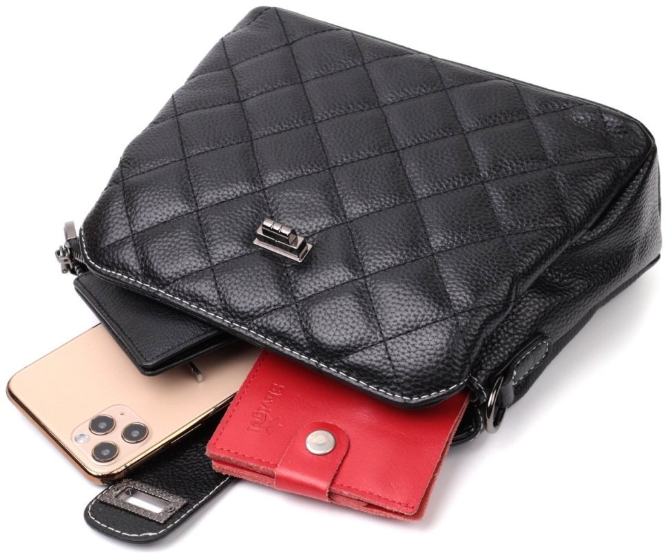 Стильная женская сумка из натуральной кожи с ромбовидным тиснением Vintage 94847 (черная) фото №9 Стильная женская сумка из натуральной кожи с ромбовидным тиснением Vintage 94847 (черная) modnotak фото №9