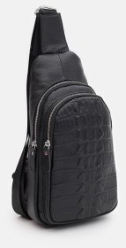 Міська чоловіча слінг-сумка з фактурної шкіри з тисненням під крокодила Keizer чорного кольору 96047