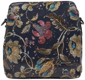 Фактурна шкіряна жіноча сумка з візерунками квітів Desisan 106747 синього кольору