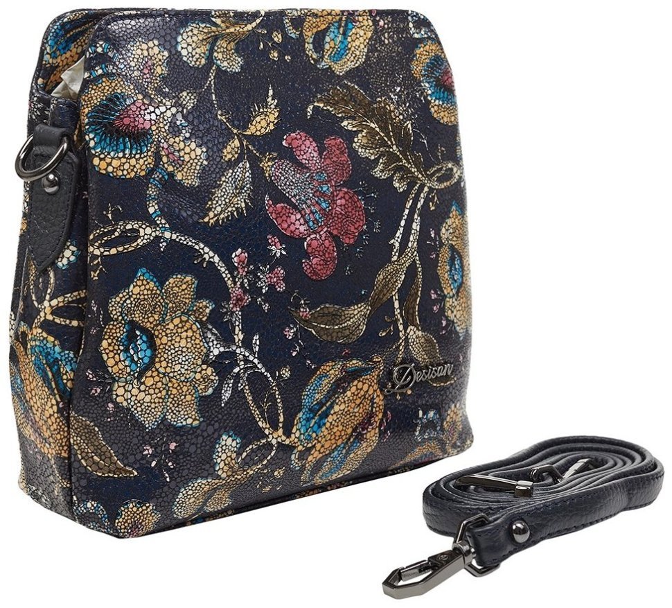 Фактурная кожаная женская сумка с узорами цветов Desisan 106747 синего цвета modnotak фото №2