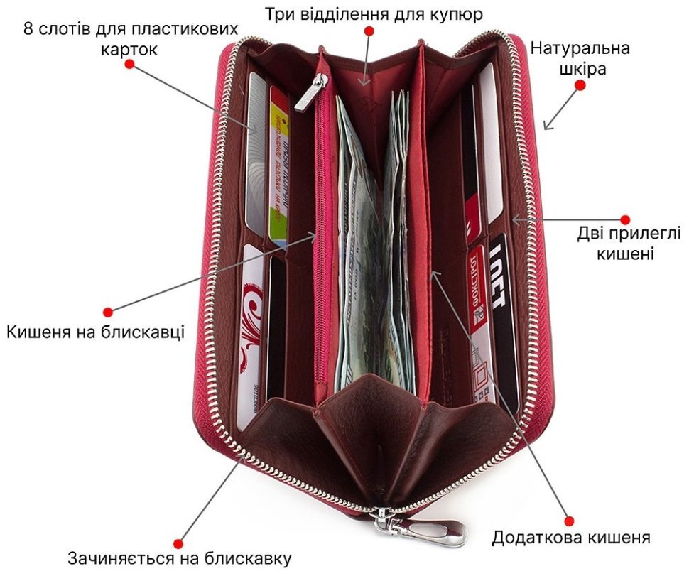 Бордовый кожаный кошелек большого размера на молнии ST Leather (16407) modnotak фото №4