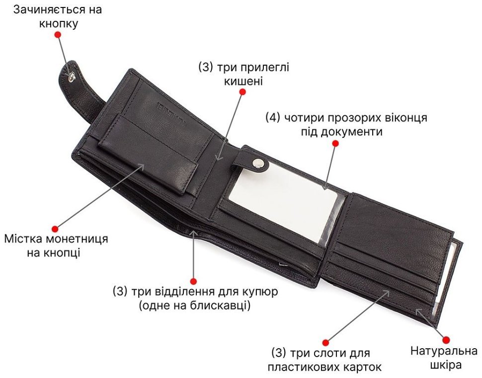 Мужское черное портмоне из зернистой кожи с кнопкой Leather Collection (21531) modnotak фото №4