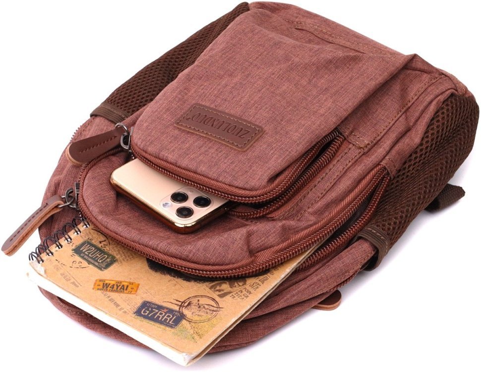 Коричневый мужской слинг-рюкзак из полиэстера на молнии Vintage 2422150