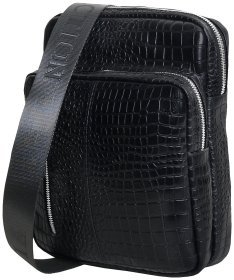 Мужская черная синг-сумка из кожи с тиснением под крокодила Vip Collection 102648