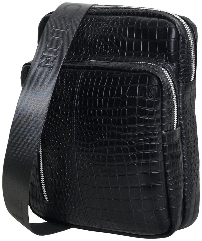 Чоловіча чорна слінг-сумка зі шкіри з тисненням під крокодила Vip Collection 102648 modnotak фото №1