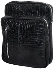 Мужская черная синг-сумка из кожи с тиснением под крокодила Vip Collection 102648