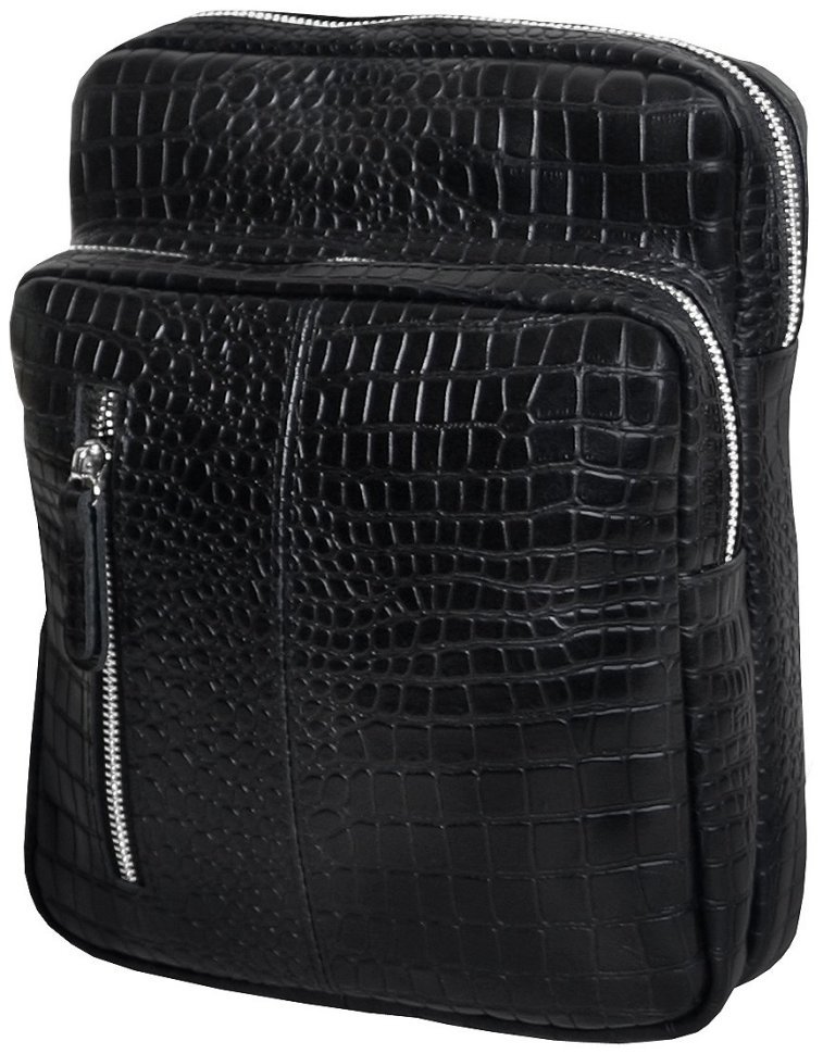 Чоловіча чорна слінг-сумка зі шкіри з тисненням під крокодила Vip Collection 102648 modnotak фото №2