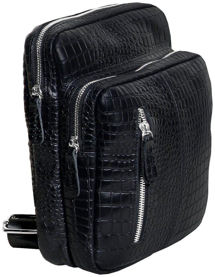 Чоловіча чорна слінг-сумка зі шкіри з тисненням під крокодила Vip Collection 102648 modnotak фото №3