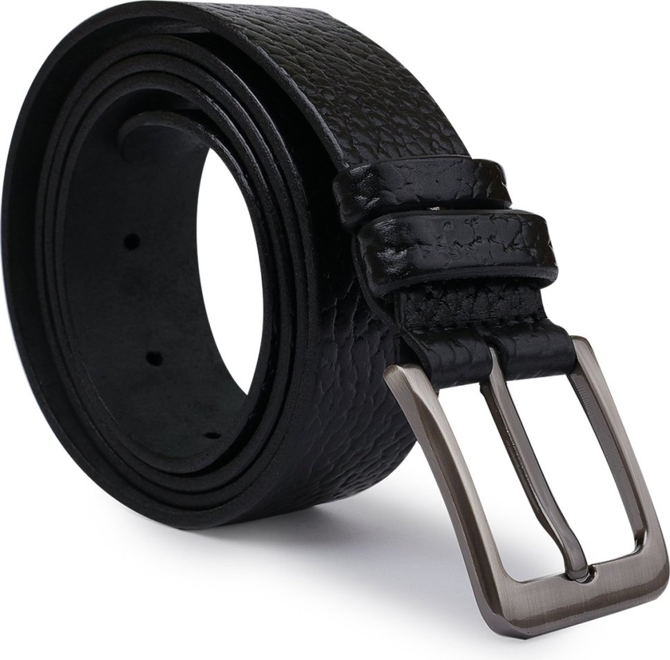 Черный мужской ремень из фактурной кожи под брюки или джинсы Vintage (2420743)