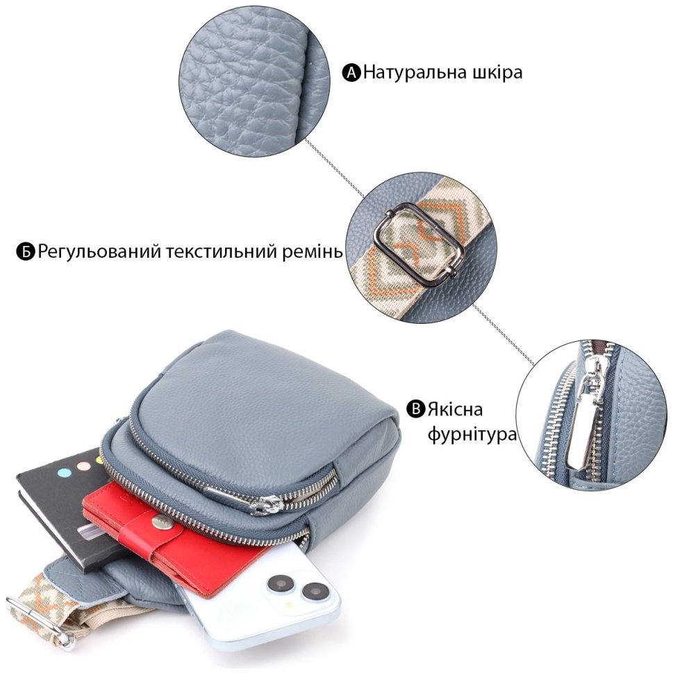 Женская сумка-слинг из кожи флотар с текстильным ремешком Vintage 103148 синего цвета фото №4 Женская сумка-слинг из кожи флотар с текстильным ремешком Vintage 103148 синего цвета modnotak фото №4