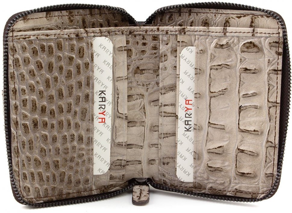 Бежевый женский кошелек-картхолдер из натуральной кожи с фактурой под крокодила KARYA (19833)