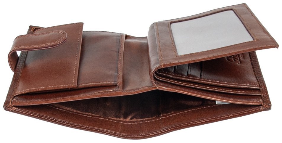 Вертикальний чоловічий гаманець з гладкої шкіри на кнопці з RFID-захистом Ashwood VT 94048 коричневого кольору modnotak фото №5