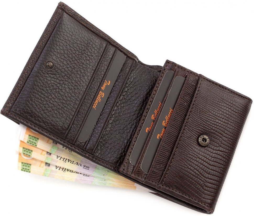 Шкіряний гаманець коричневого кольору з натуральної шкіри з тисненням Tony Bellucci (10775)