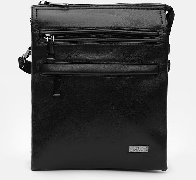Черная мужская сумка-барсетка из гладкой кожи с ручкой и плечевым ремнем Ricco Grande (21387)