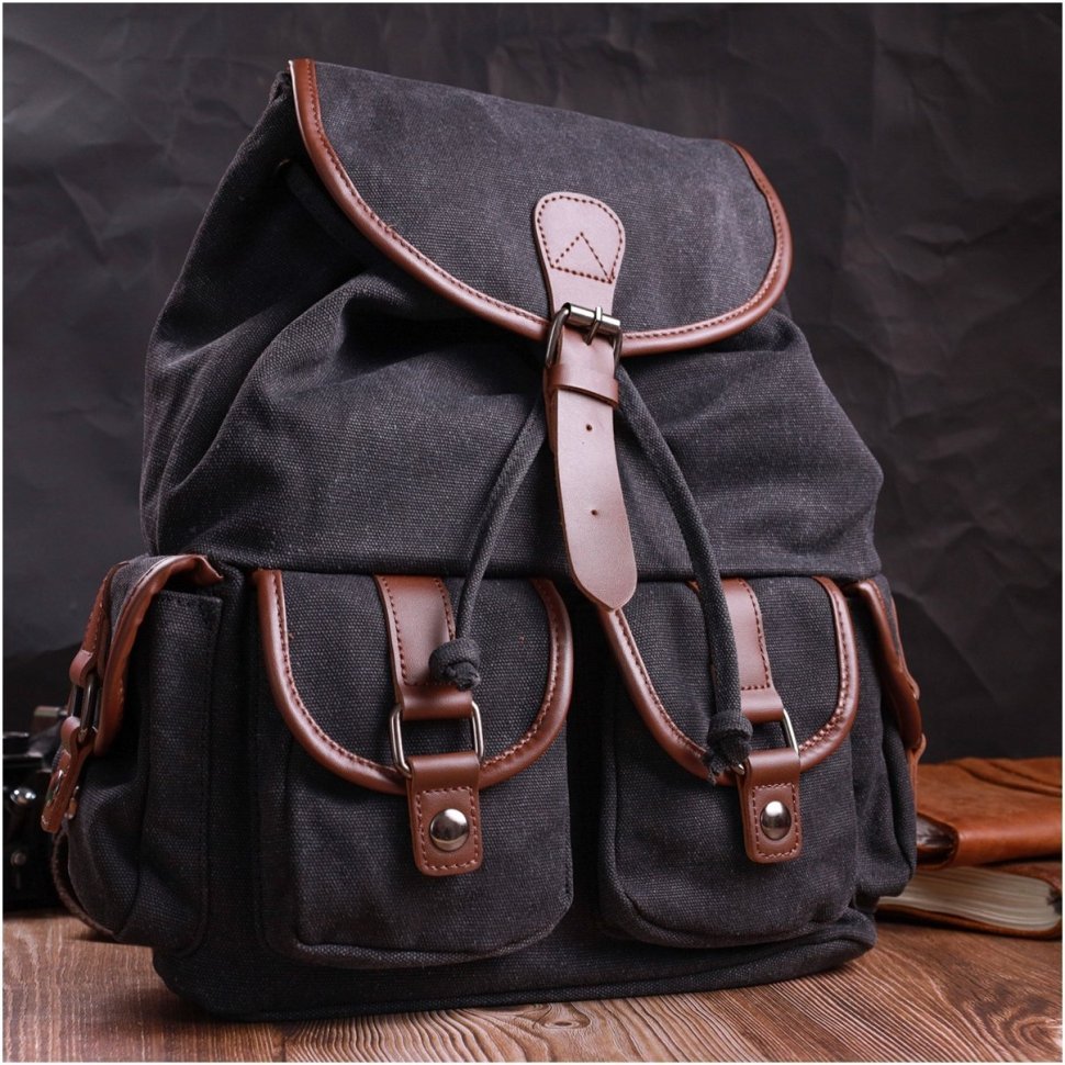 Большой текстильный рюкзак черного цвета с клапаном на магните Vintage 2422151